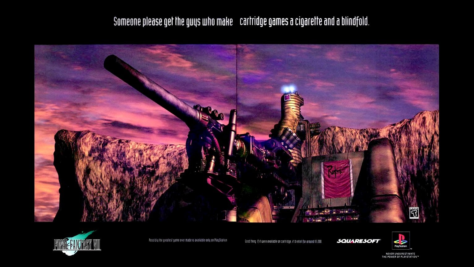 《最终幻想 7》的著名杂志广告，取笑了卡带游戏机的有限功能。